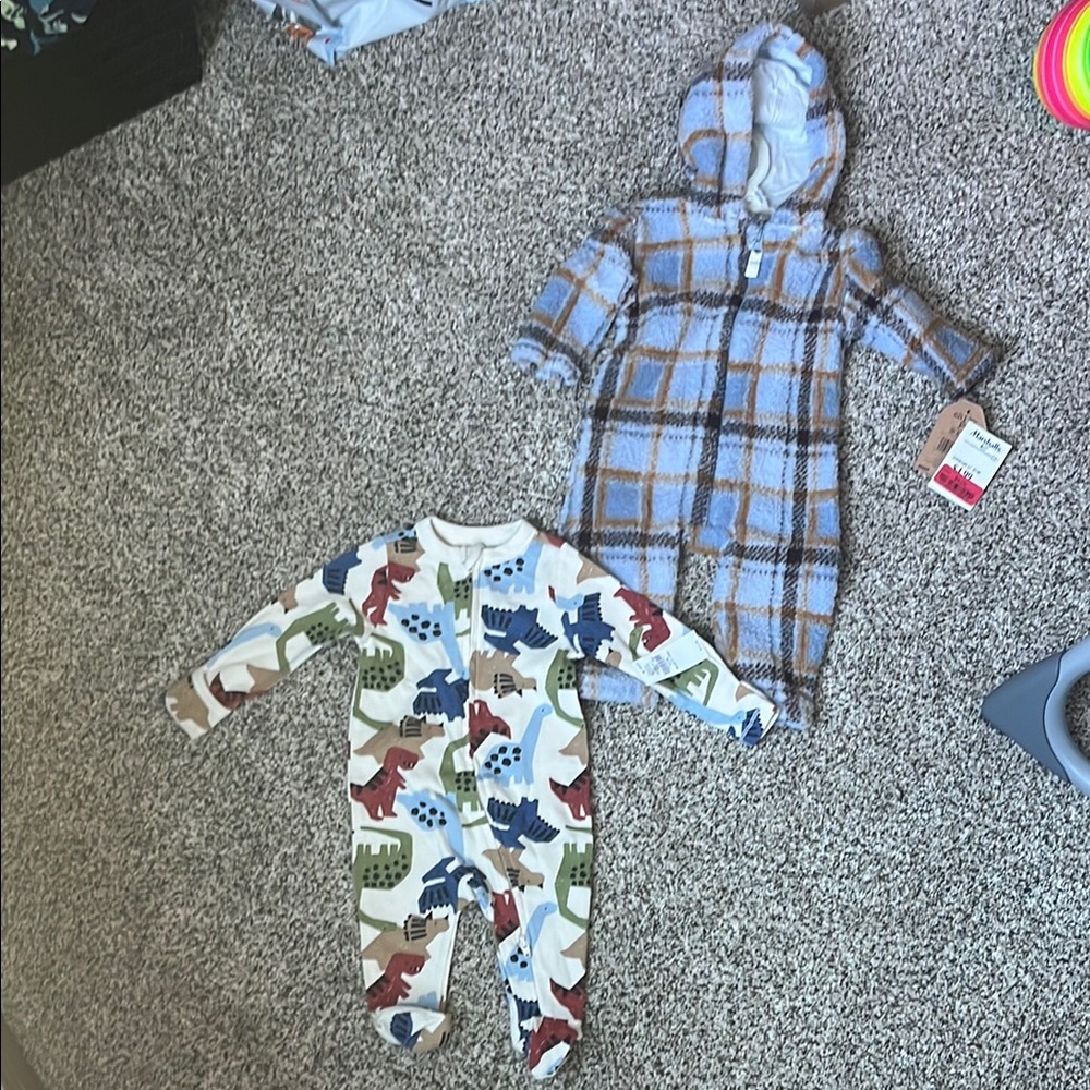 Plaid Hooded Coat and Dinosaur Print Onesie Set